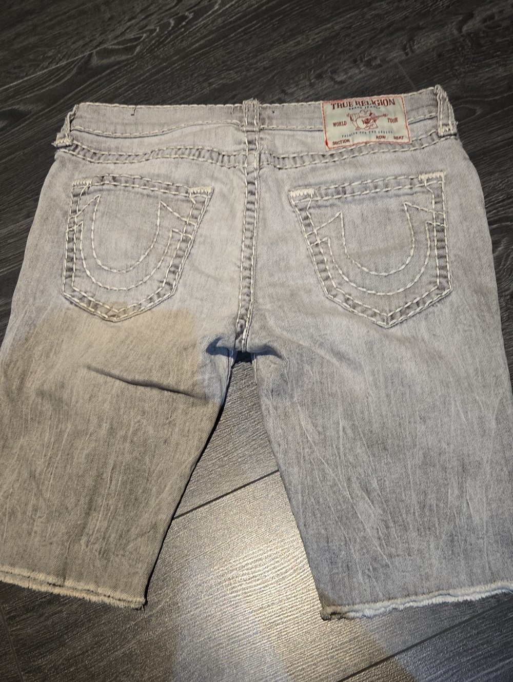 True Religion Light Gray Denim Shorts with Signature Back Pockets